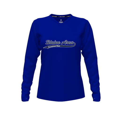 [CUS-DFW-TEES-CMF-VNK-LSL-RYL-FYXS-LOGO1] Decker Comfort T-Shirt (Female Youth XS, Royal, V Neck, Logo 1, Long Sleeve)