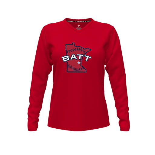 [CUS-DFW-TEES-CMF-VNK-LSL-RED-FYXS-LOGO3] Decker Comfort T-Shirt (Female Youth XS, Red, V Neck, Logo 3, Long Sleeve)